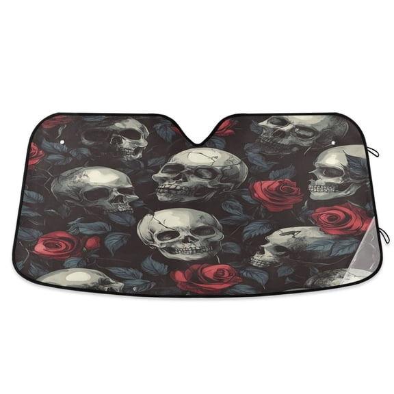 Qxltty Skull Red Roses Pattern Car Windshield Sunshades Foldable UV Rays Sun Visor Protector Keep Your Vehicle Cool 57×31.5in