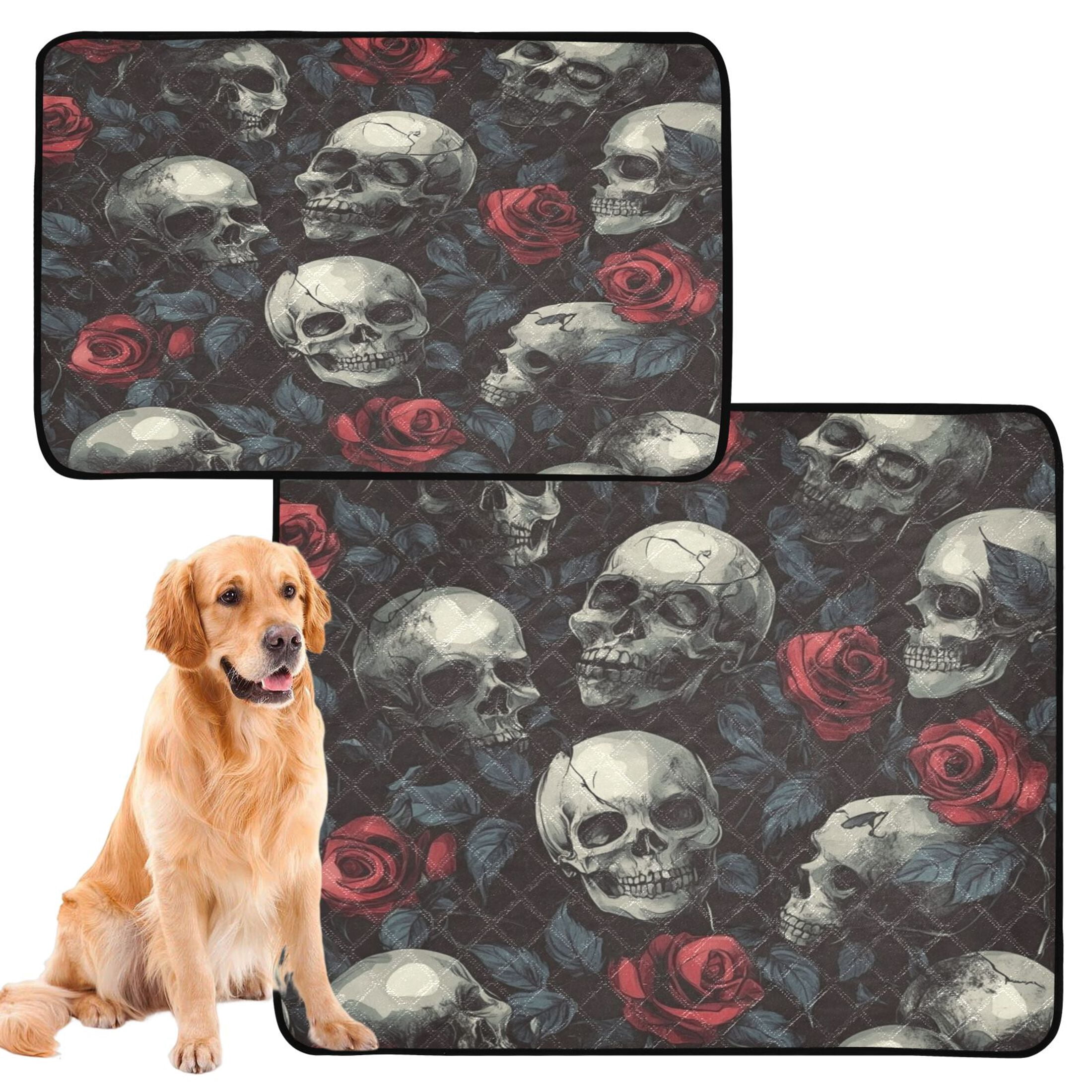 Qxltty Skull Red Roses Pattern Cat litter Pads Pet Set of 2 Diaper Mats Center Anti-leakage Layer Absorbent Soft and Comfortable