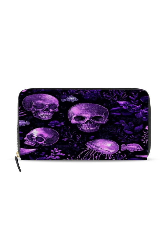 Skulls Jellyfish Purple Pattern Women's Leather Wallet Fashion Retro Multi Card Holder with Cell Phone Pocket Mothers Day Gifts
