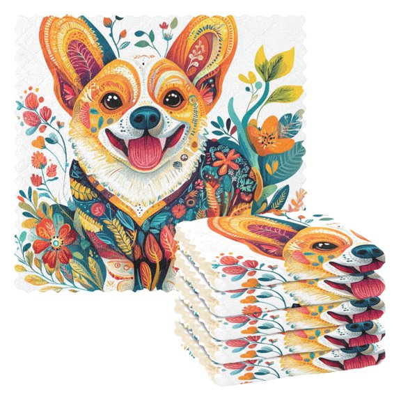 Qxltty Smiling Corgi Dog Kitchen Towels Set of 6 Ultra Soft Absorbent Quick Drying Dish Cloths 11 x 11in