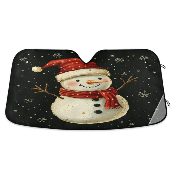 Qxltty Snowman Wearing Red Hat on Black Background Car Windshield Sunshades Foldable UV Rays Sun Visor Protector Keep Your Vehicle Cool 53×23.5in