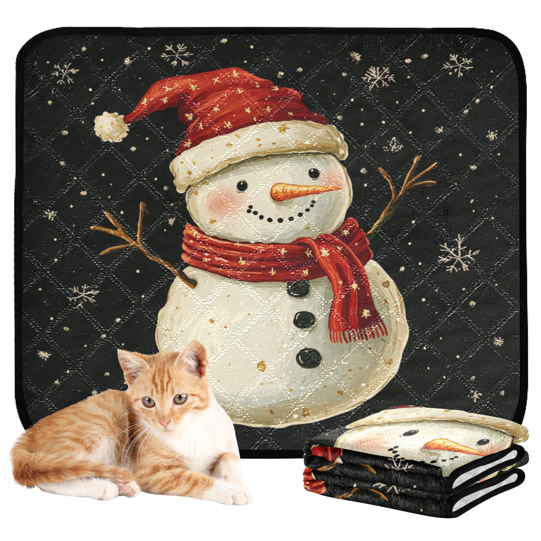 Qxltty Snowman Wearing Red Hat on Black Background Cat litter Pads Pet Set of 3 Diaper Mats Center Anti-leakage Layer Absorbent Soft and Comfortable