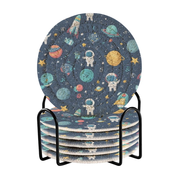 Qxltty Space Themed Drink Coasters with Holder 6pcs Handmade Woven Simple