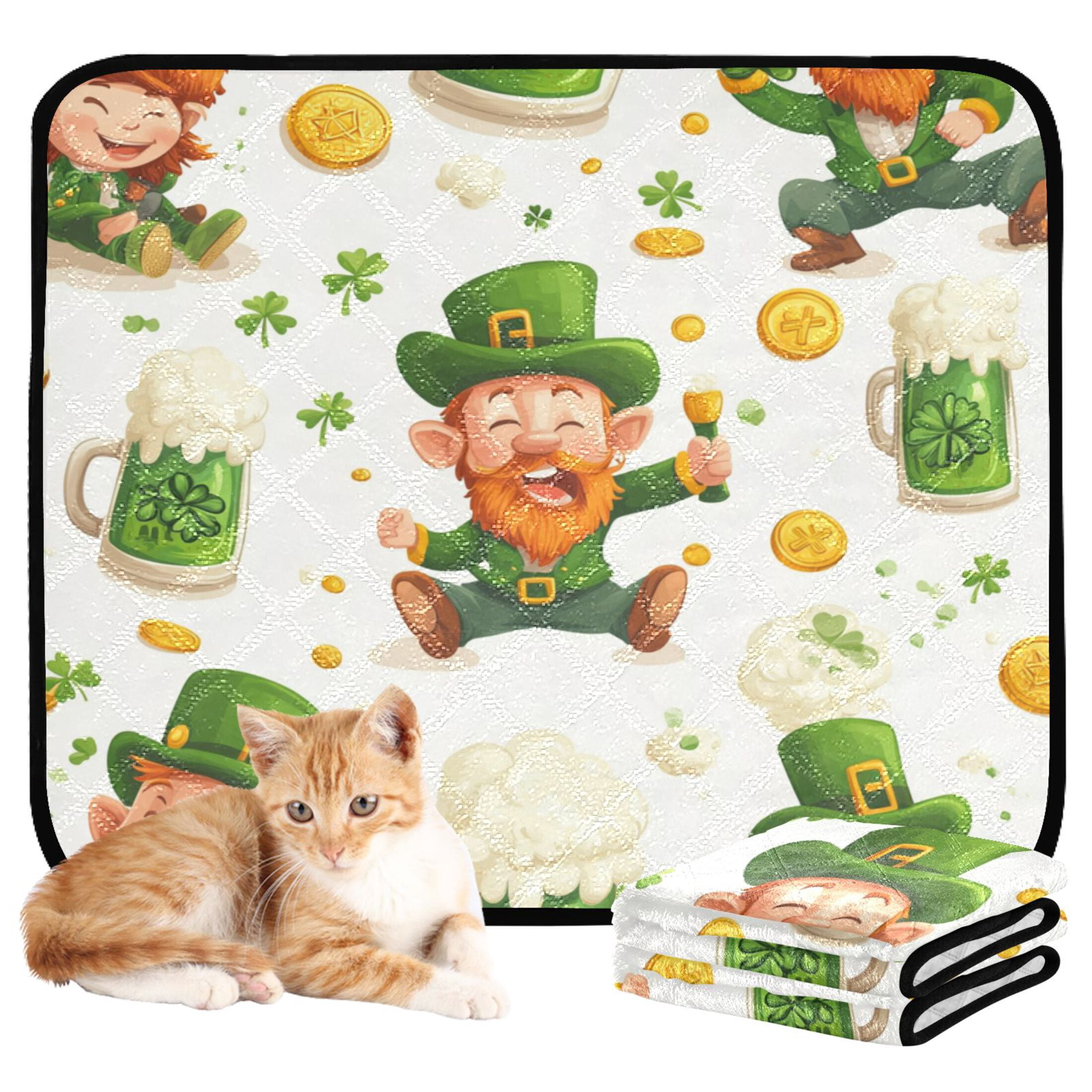 Qxltty St Patricks Pattern with Leprechauns and Green Beer Mugs Cat litter Pads Pet Set of 3 Diaper Mats Center Anti-leakage Layer Absorbent Soft and Comfortable