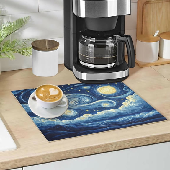 Qxltty Starry Night Leather Drying Mat for Kitchen Countertops Coffee Mats Hide Stain Quickly Absorbs Water Tableware Decor