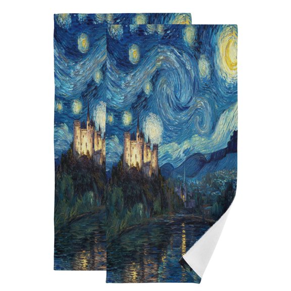 Qxltty Starry Night Style Castle Face Towel Set of 2 Polyester Cotton Soft Bath Towels for Bathroom Kitchen Hotel Spa 28.3x14.4in