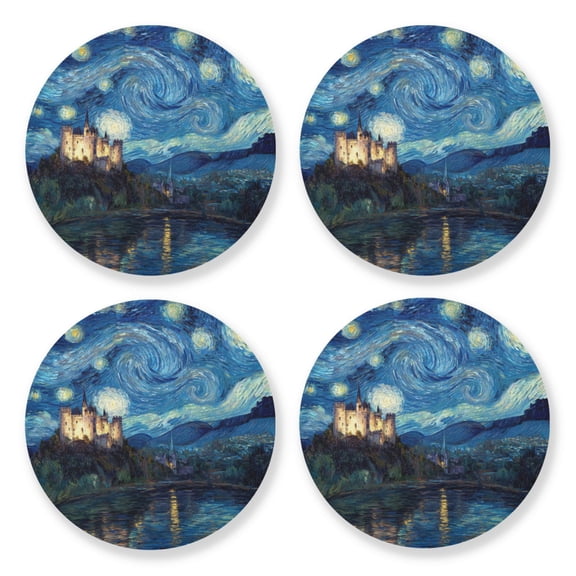 Qxltty Starry Night Style Castle Wooden Coasters Set of 4 Fun and Practical Perfectly Non-Slip Warm Home Accent