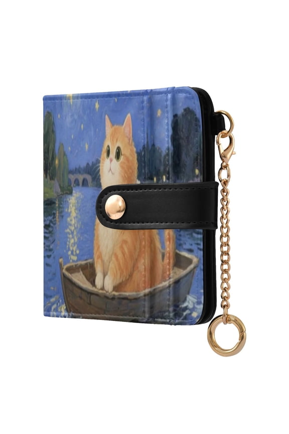 Starry Orange Cat Ladies Wallet Rfid Slim Thin Compact Credit Card Women Wallet Zipper Coin Pocket and ID Window for Female Gifts