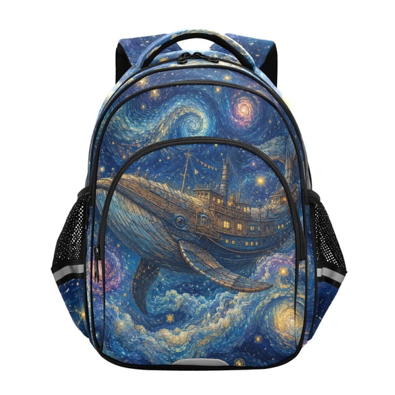 Qxltty Starry Whale Ship Backpack Lightweight Multi Pocket Daypack Reflective Bookbag with Adjustable Straps