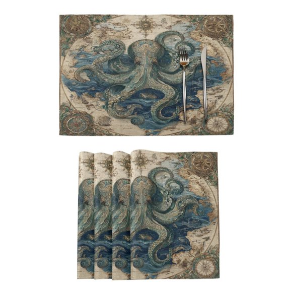 Qxltty Steam Octopus Placemats Set of 4 Heat Resistant Non-Slip Place mat for Dining Table Washable Durable Polyester Woven Table Decorations