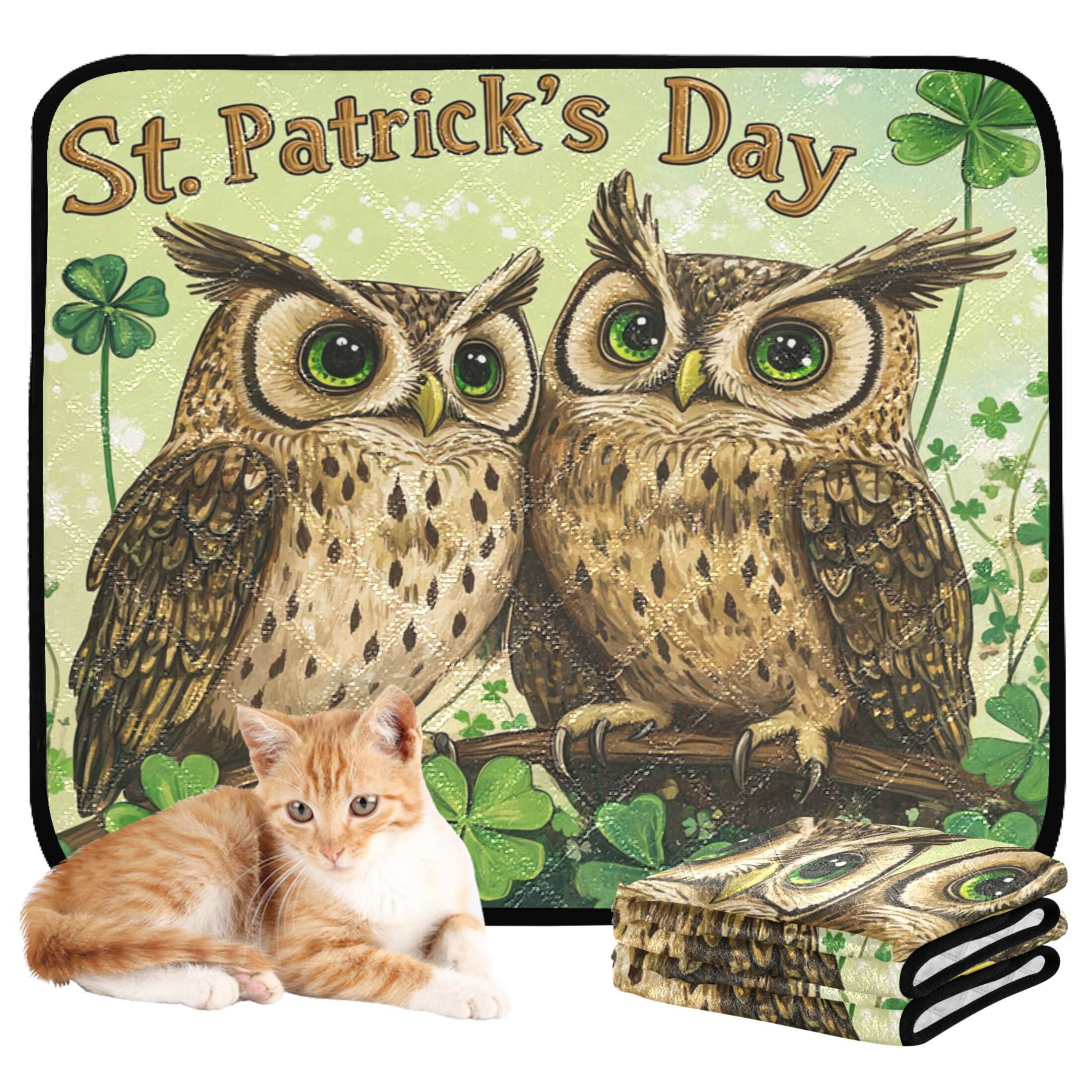 Qxltty Stpatricks Day Cute Owls Cat litter Pads Pet Set of 3 Diaper Mats Center Anti-leakage Layer Absorbent Soft and Comfortable