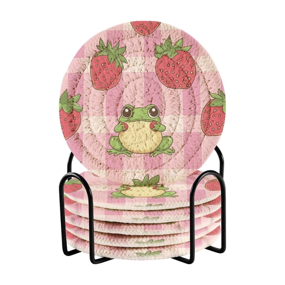 Qxltty Strawberry Frog Pattern Drink Coasters with Holder 6pcs Handmade Woven Simple Vintage Saucer Set