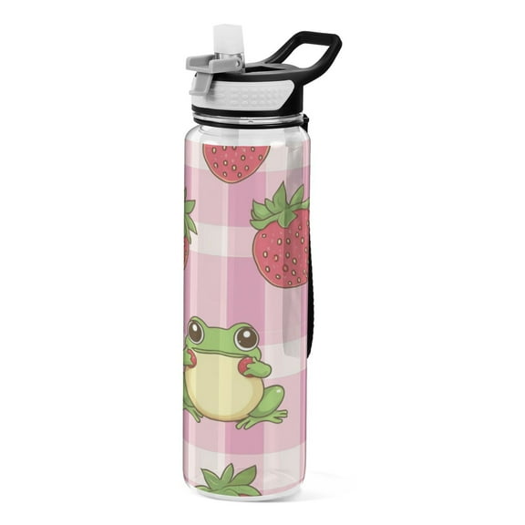 Qxltty Strawberry Frog Pattern Water Bottle 32 oz with Straw BPA Free Reusable Fitness Sport Bottle Perfect for Travel School Outdoors and Gym