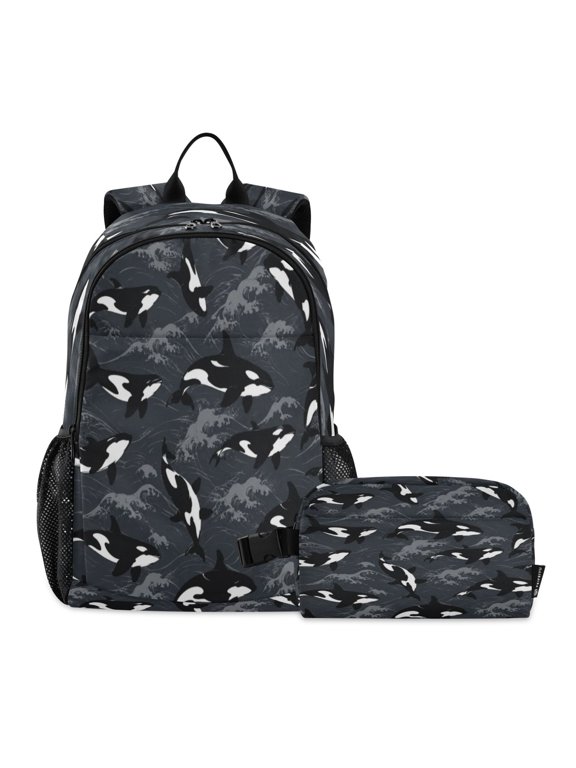 Student Backpack and Lunch Bag Set, 15.6-Inch Laptop Compartment, Insulated Meal Bag,Ocean Orcas Print