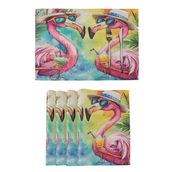 Qxltty Summer Flamingos Placemats Set of 4 Heat Resistant Non-Slip Place mat for Dining Table Washable Durable Polyester Woven Table Decorations