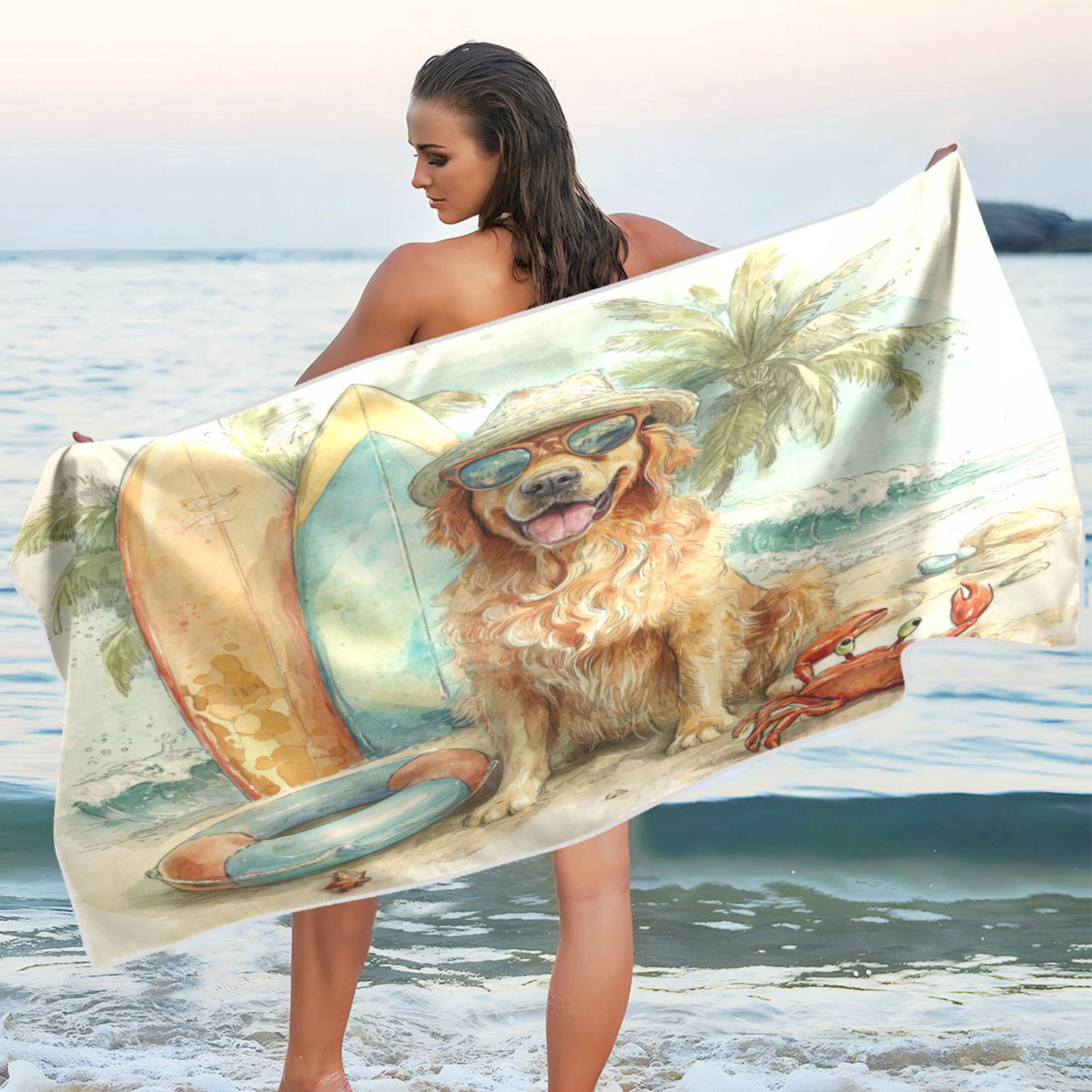 Qxltty Summer Golden Retriever Beach Towel Sand Free Bath Towel Absorbent Quick Dry Soft Lightweight Blanket for Travel Gym Camping 71x31in