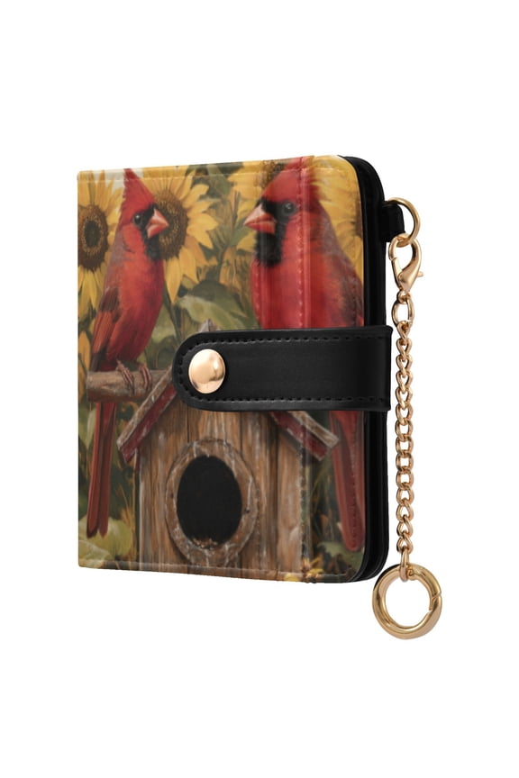Summer Sunflowers Cardinal Bird Ladies Wallet Rfid Slim Thin Compact Credit Card Women Wallet Zipper Coin Pocket and ID Window for Female Gifts
