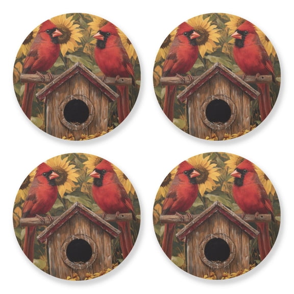 Qxltty Summer Sunflowers Cardinal Bird Wooden Coasters Set of 4 Fun and Practical Perfectly Non-Slip Warm Home Accent