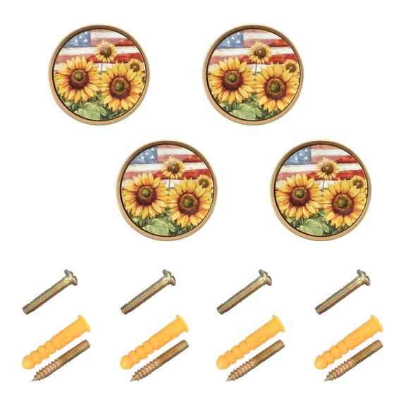 Qxltty Sunflower American Flag Cabinet Knobs Kitchen Drawer Knobs Round Door Pulls Dressing Table Wardrobe Closet Knob Handles Decorative Set of 4