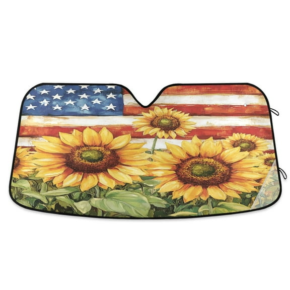 Qxltty Sunflower American Flag Car Windshield Sunshades Foldable UV Rays Sun Visor Protector Keep Your Vehicle Cool 53×23.5in