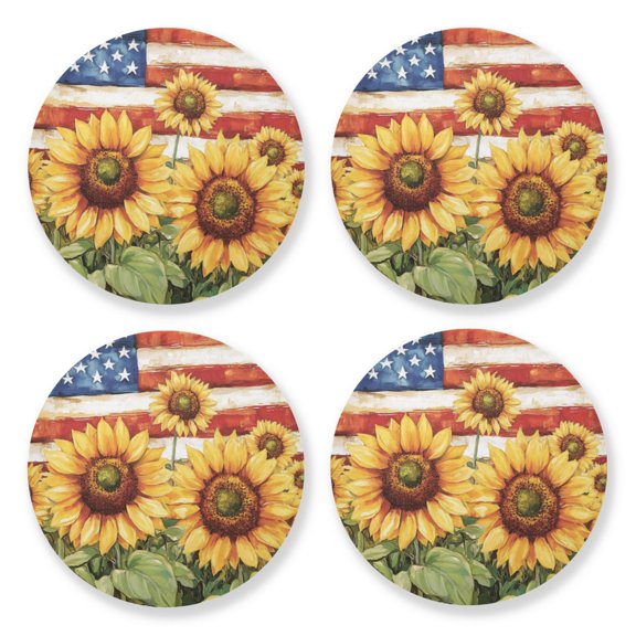 Qxltty Sunflower American Flag Wooden Coasters Set of 4 Fun and Practical Perfectly Non-Slip Warm Home Accent