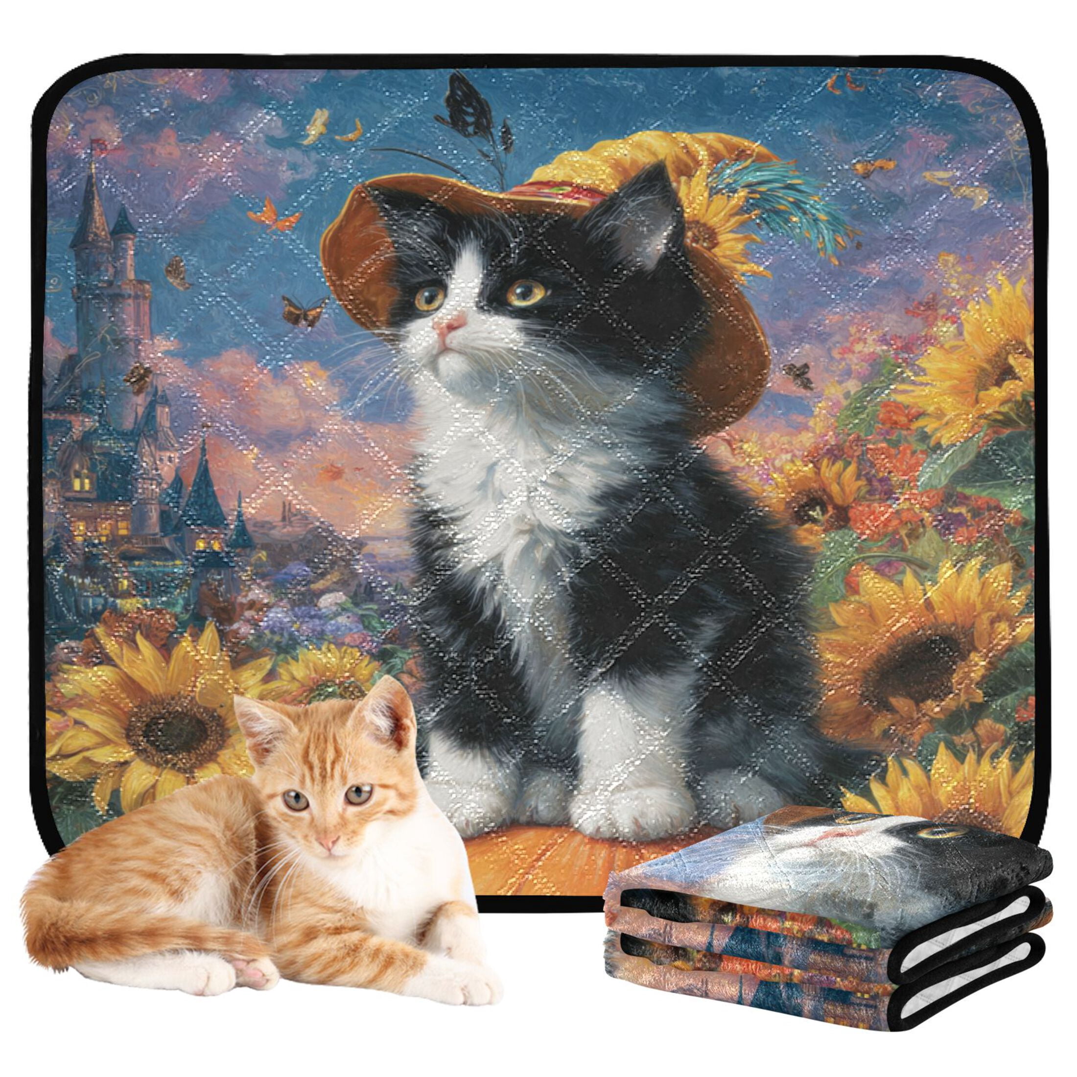 Qxltty Sunflower Black Cat Cat litter Pads Pet Set of 3 Diaper Mats Center Anti-leakage Layer Absorbent Soft and Comfortable