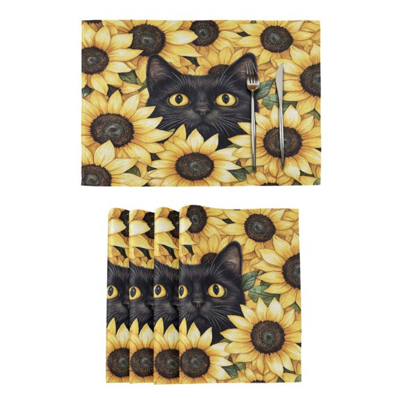 Qxltty Sunflower Cat Placemats Set of 6 Heat Resistant Non-Slip Place mat for Dining Table Washable Durable Polyester Woven Table Decorations
