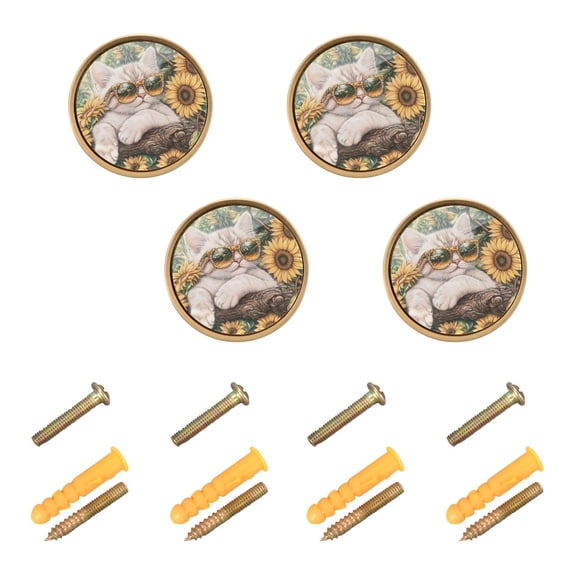 Qxltty Sunflower Cute Kitten Cabinet Knobs Kitchen Drawer Knobs Round Door Pulls Dressing Table Wardrobe Closet Knob Handles Decorative Set of 4