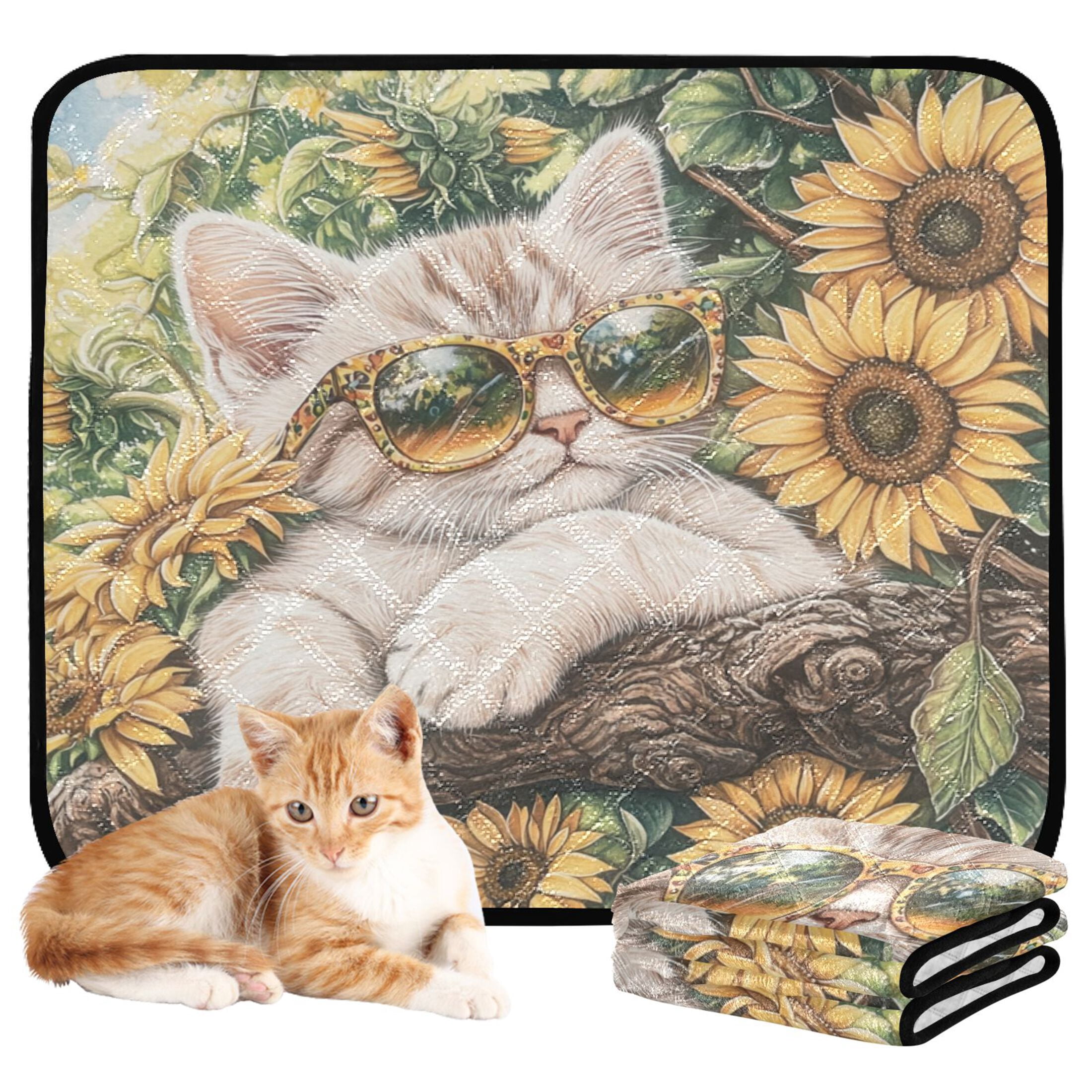 Qxltty Sunflower Cute Kitten Cat litter Pads Pet Set of 3 Diaper Mats Center Anti-leakage Layer Absorbent Soft and Comfortable