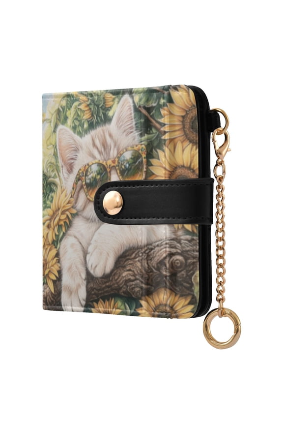 Sunflower Cute Kitten Ladies Wallet Rfid Slim Thin Compact Credit Card Women Wallet Zipper Coin Pocket and ID Window for Female Gifts