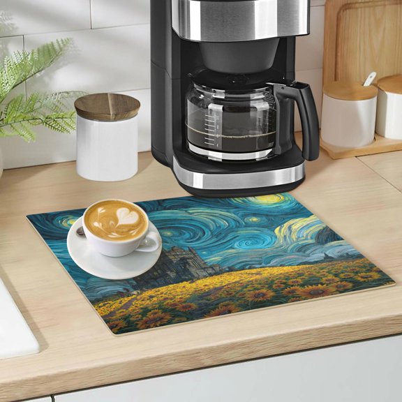 Qxltty Sunflower Field Leather Drying Mat for Kitchen Countertops Coffee Mats Hide Stain Quickly Absorbs Water Tableware Decor