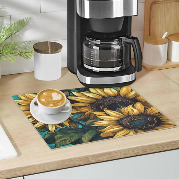 Qxltty Sunflower Graffiti Art Leather Drying Mat for Kitchen Countertops Coffee Mats Hide Stain Quickly Absorbs Water Tableware Decor
