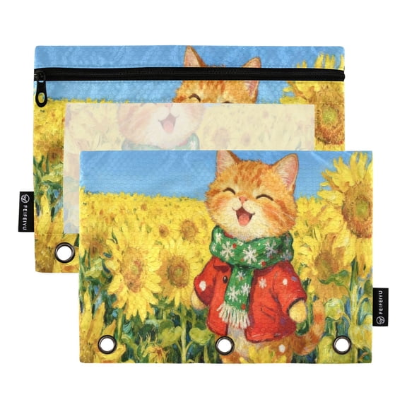 Qxltty Sunflower Plump Cat Pencil Pouches for 3 Ring Binder Clear Window Zipper Pencil Case for Office College Supplies