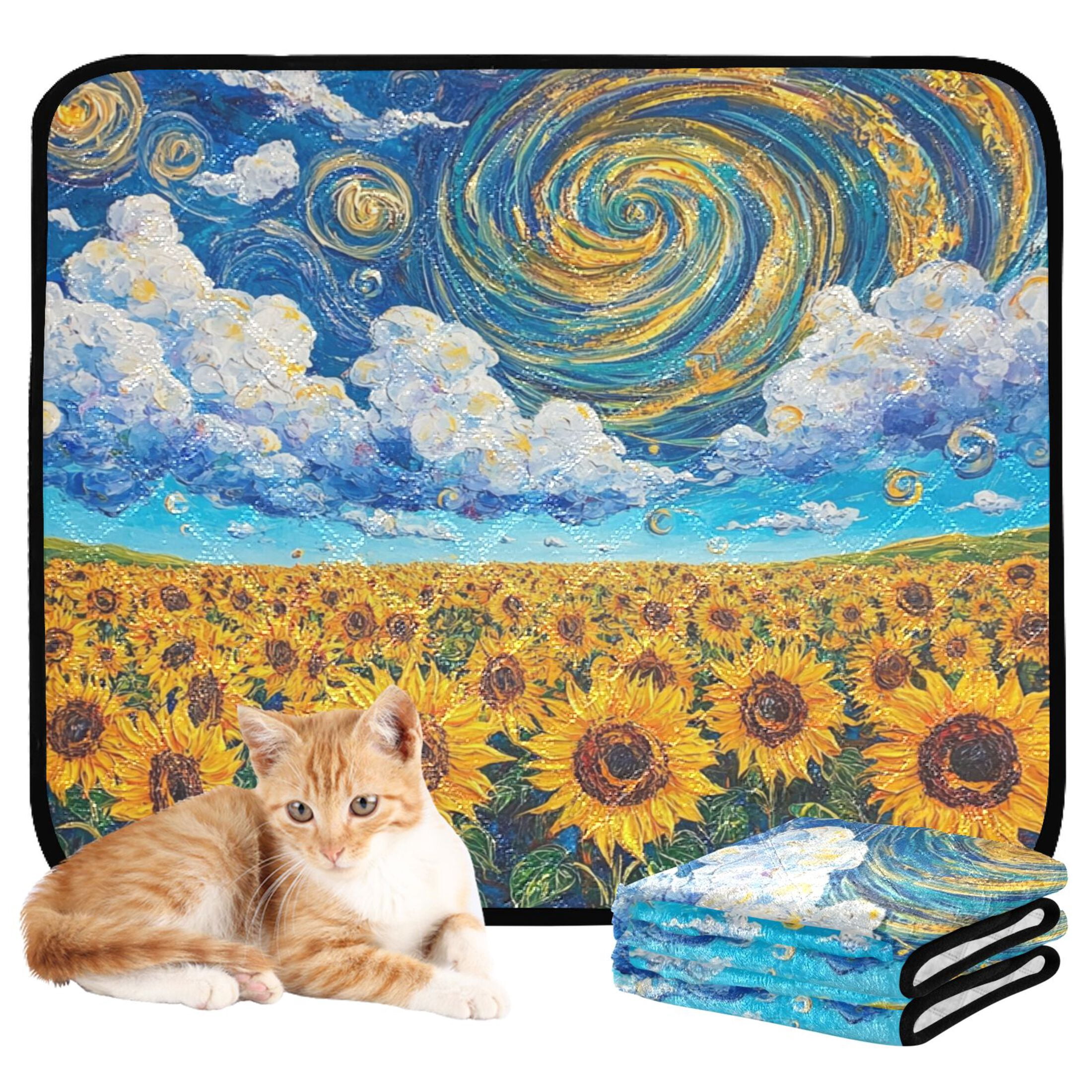 Qxltty Sunflower with Swirling Clouds Cat litter Pads Pet Set of 3 Diaper Mats Center Anti-leakage Layer Absorbent Soft and Comfortable