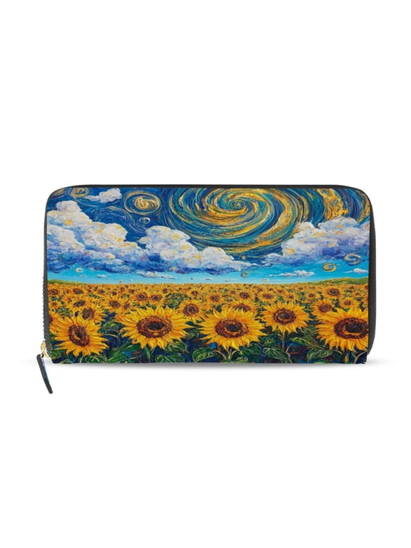 Sunflower with Swirling Clouds Women's Leather Wallet Fashion Retro Multi Card Holder with Cell Phone Pocket Mothers Day Gifts