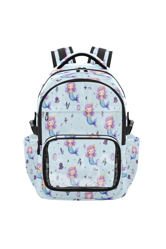 Sweet Mermaid Backpack School Bookbag with Clear PVC Front Pocket, Laptop Compartment, Water Resistant Travel Daypack for Students