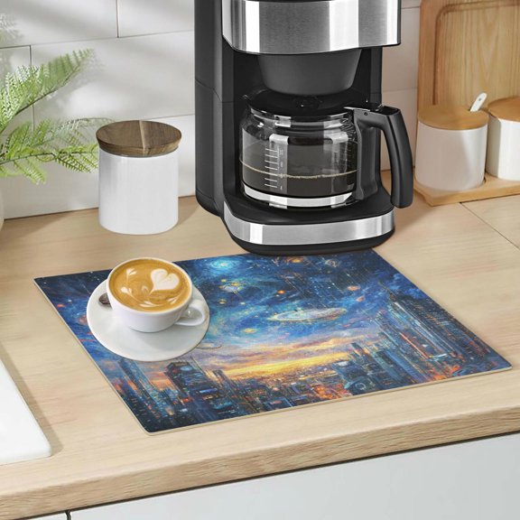 Qxltty Techno City Leather Drying Mat for Kitchen Countertops Coffee Mats Hide Stain Quickly Absorbs Water Tableware Decor