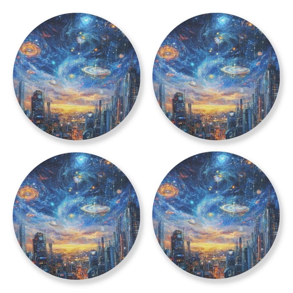 Qxltty Techno City Wooden Coasters Set of 4 Fun and Practical Perfectly Non-Slip Warm Home Accent