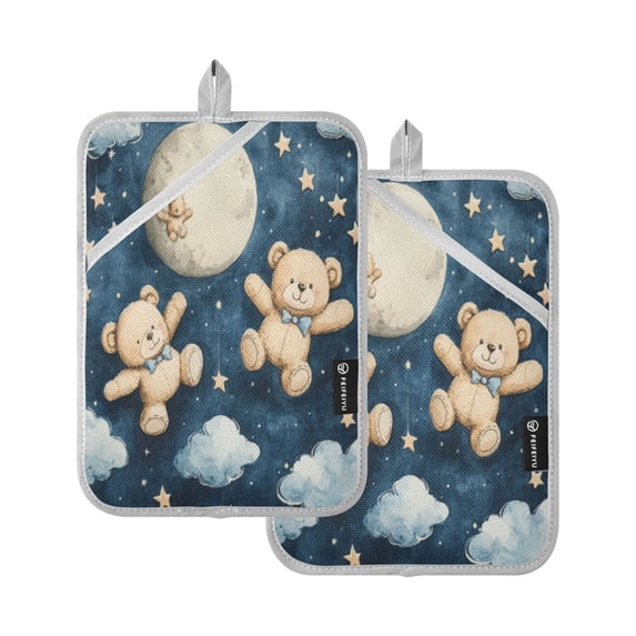 Qxltty Teddy Bear Night Sky Pattern Oven Mitts 2-Pack Heat Resistant Quilted Oven Gloves with Hanging Loop for Microwave BBQ & Kitchen Use