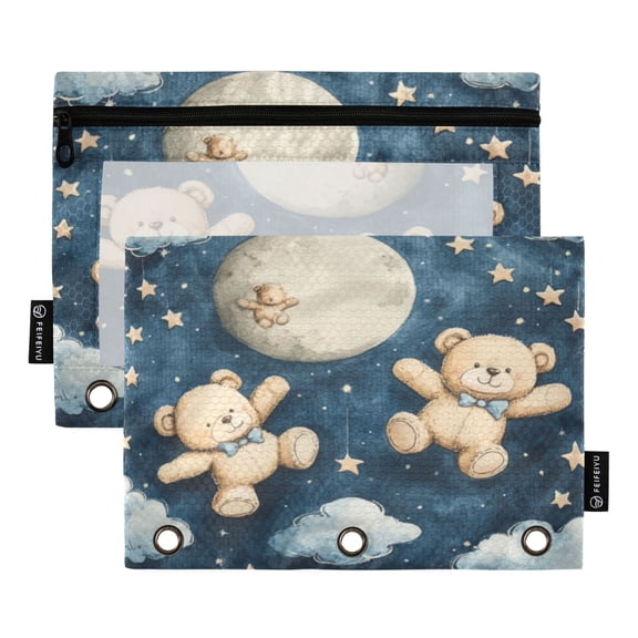 Qxltty Teddy Bear Night Sky Pattern Pencil Pouches for 3 Ring Binder Clear Window Zipper Pencil Case for Office College Supplies