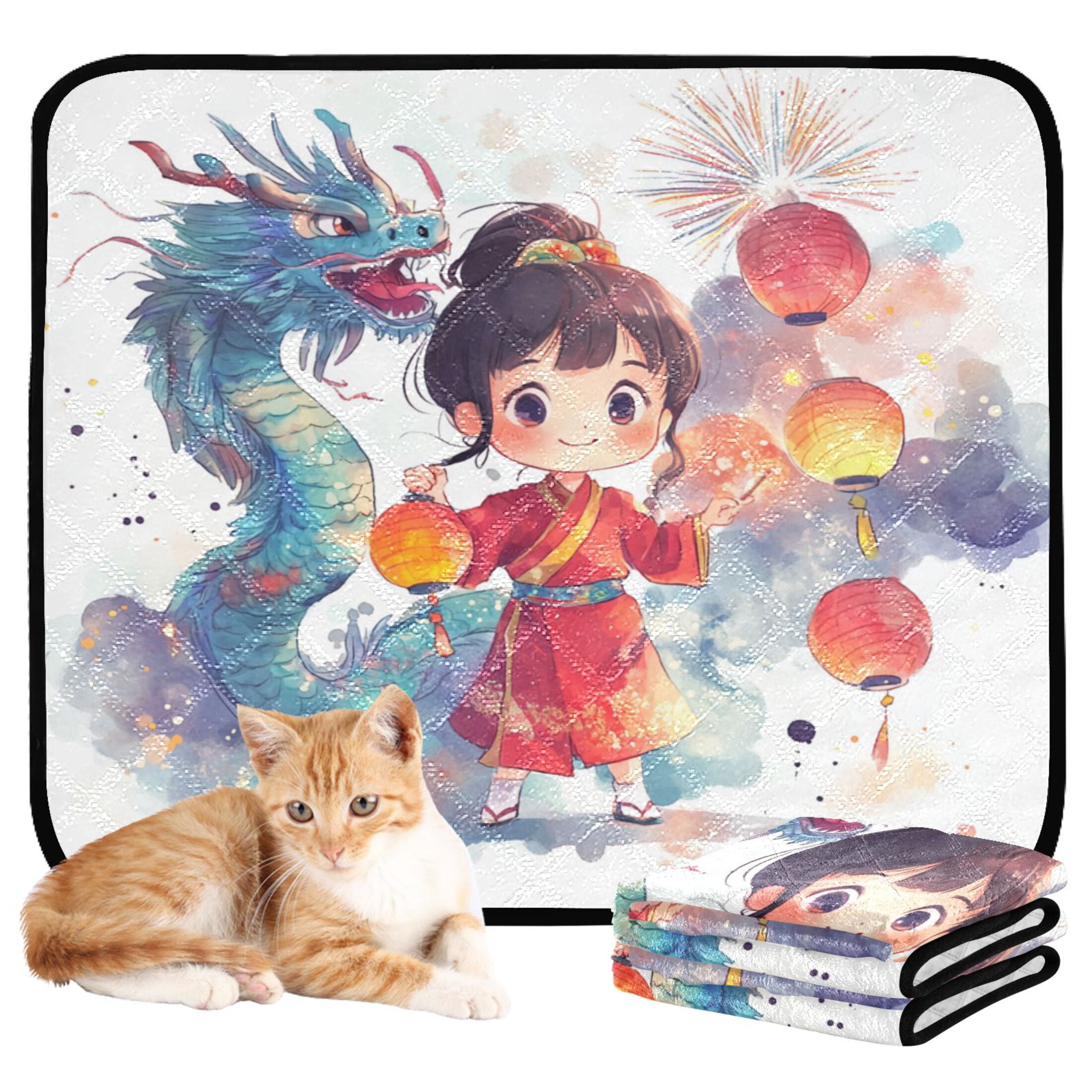 Qxltty The Lass Is Dancing with An Oriental Dragon Cat litter Pads Pet Set of 3 Diaper Mats Center Anti-leakage Layer Absorbent Soft and Comfortable