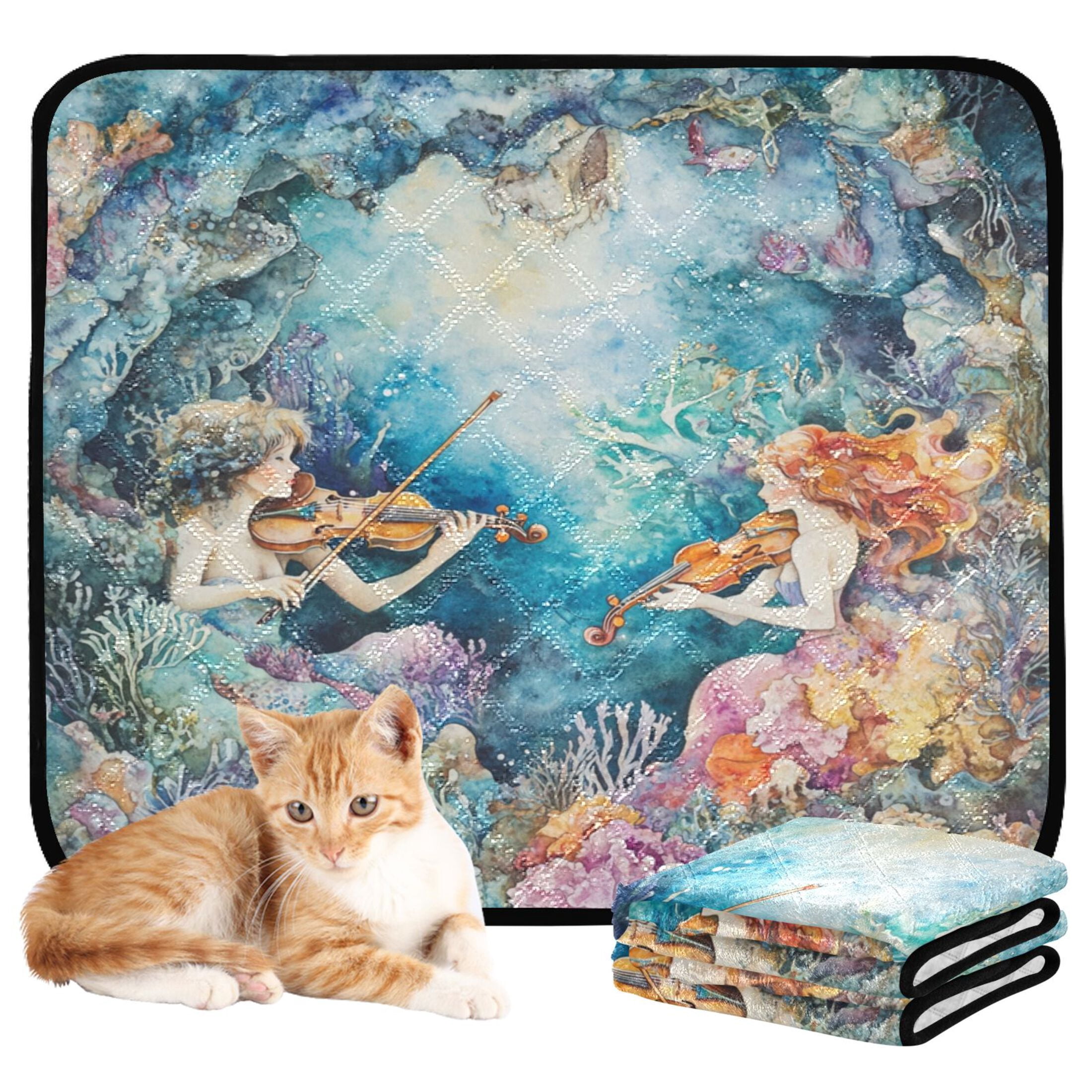 Qxltty The Mermaid Plays Music Cat litter Pads Pet Set of 3 Diaper Mats Center Anti-leakage Layer Absorbent Soft and Comfortable