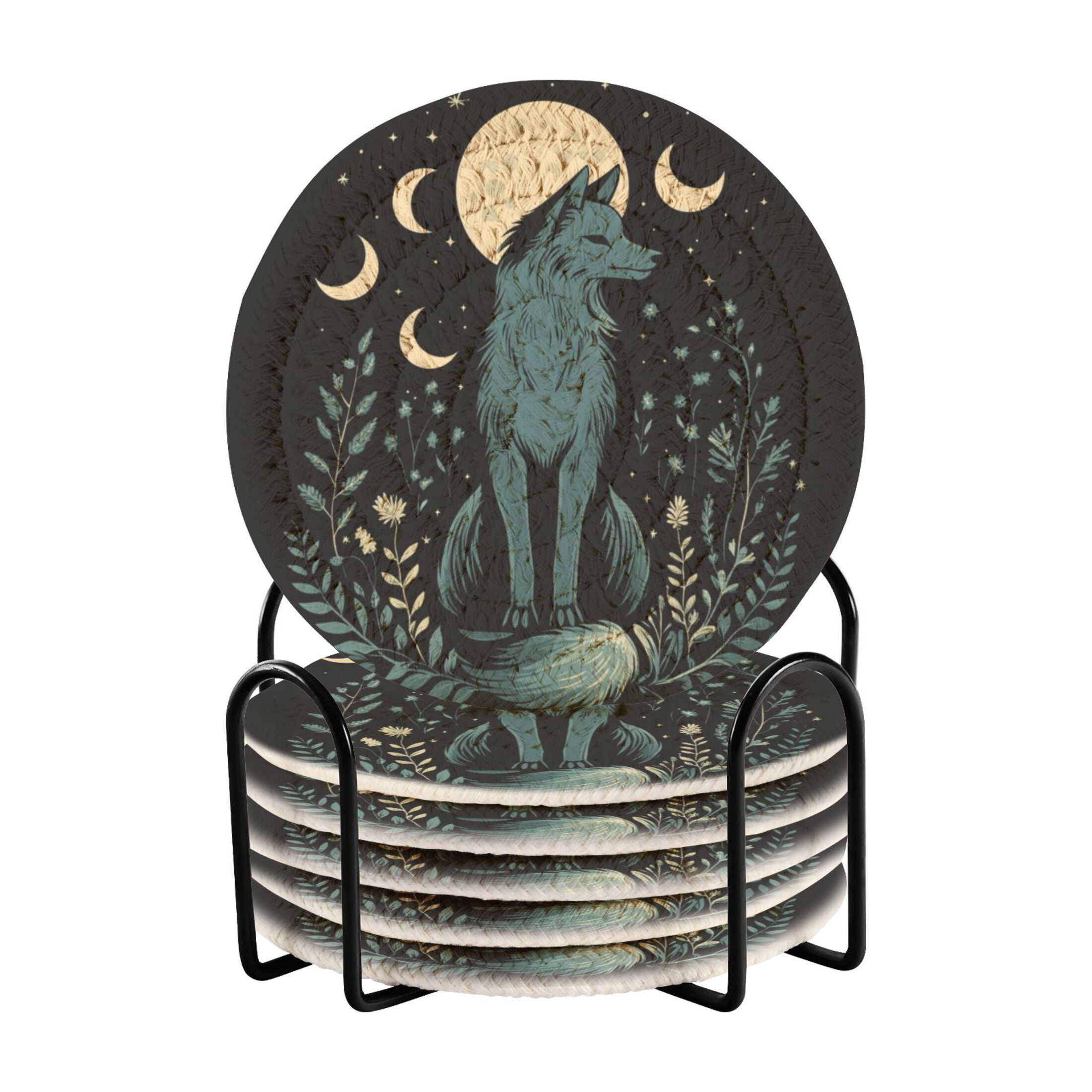 Qxltty The Moon Fox Drink Coasters with Holder 6pcs Handmade Woven ...