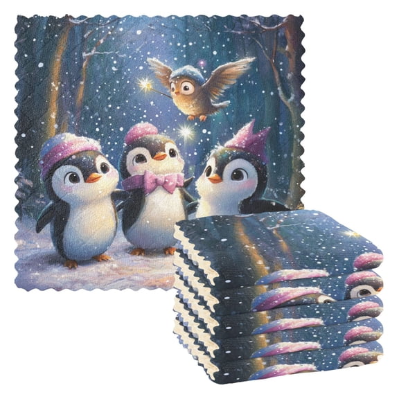 Qxltty Three Cute Cartoon Penguins Kitchen Towels Set of 6 Ultra Soft Absorbent Quick Drying Dish Cloths 11 x 11in