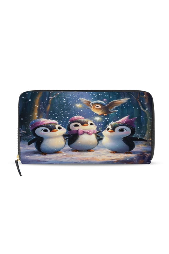 Three Cute Cartoon Penguins Women's Leather Wallet Fashion Retro Multi Card Holder with Cell Phone Pocket Mothers Day Gifts