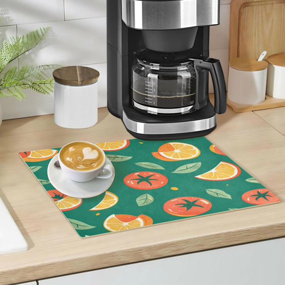 Qxltty Tomato Orange Pattern Leather Drying Mat for Kitchen Countertops Coffee Mats Hide Stain Quickly Absorbs Water Tableware Decor