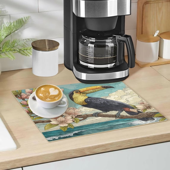 Qxltty Toucan Bird Leather Drying Mat for Kitchen Countertops Coffee Mats Hide Stain Quickly Absorbs Water Tableware Decor