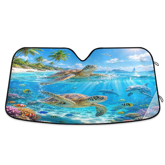 Qxltty Tropical Sea Turtle Car Windshield Sunshades Foldable UV Rays Sun Visor Protector Keep Your Vehicle Cool 53×23.5in