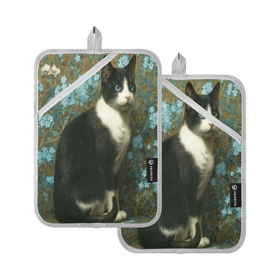 Qxltty Tuxedo Cat Oven Mitts 2-Pack Heat Resistant Quilted Oven Gloves with Hanging Loop for Microwave BBQ & Kitchen Use