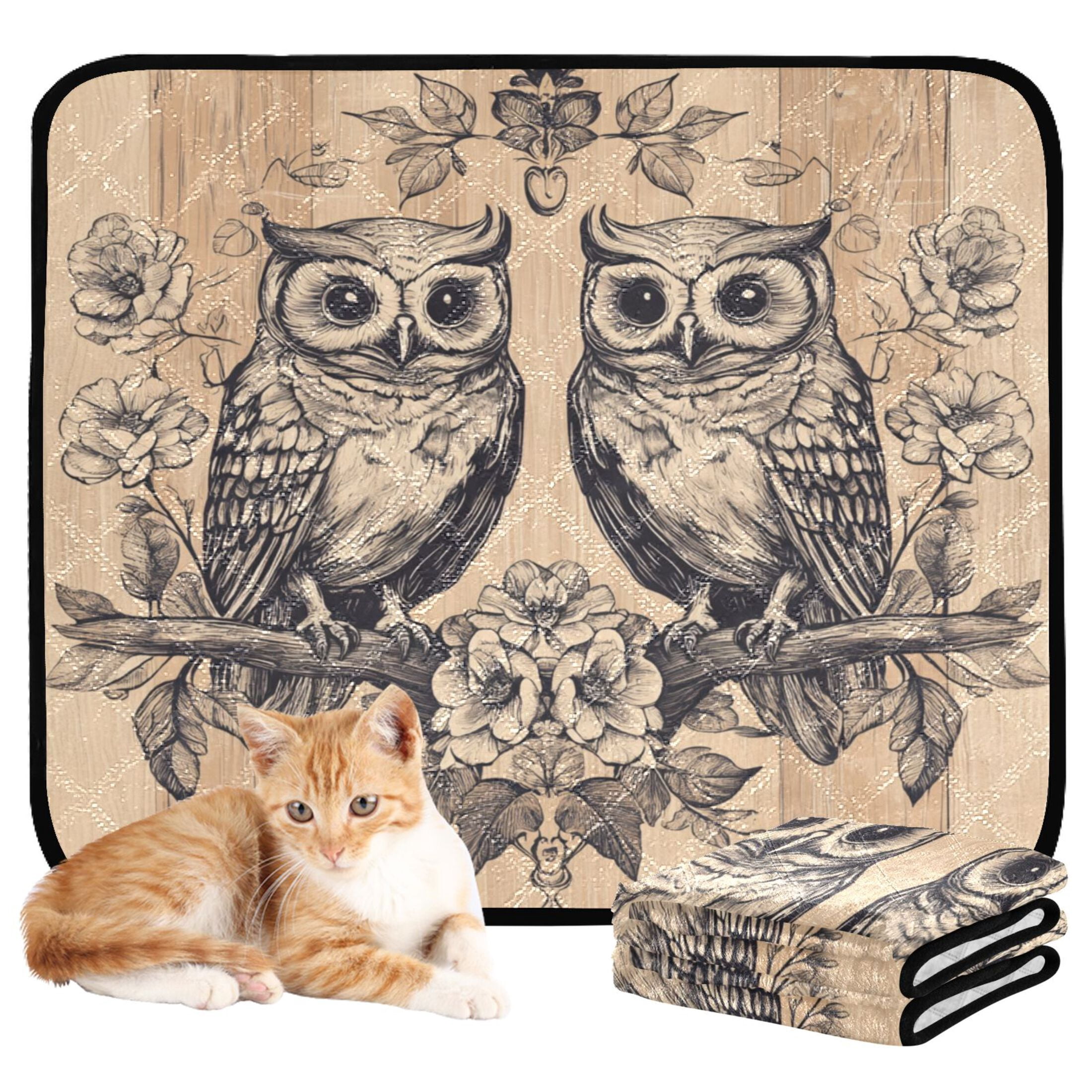 Qxltty Two Owls Sitting on Opposite Branches Cat litter Pads Pet Set of 3 Diaper Mats Center Anti-leakage Layer Absorbent Soft and Comfortable